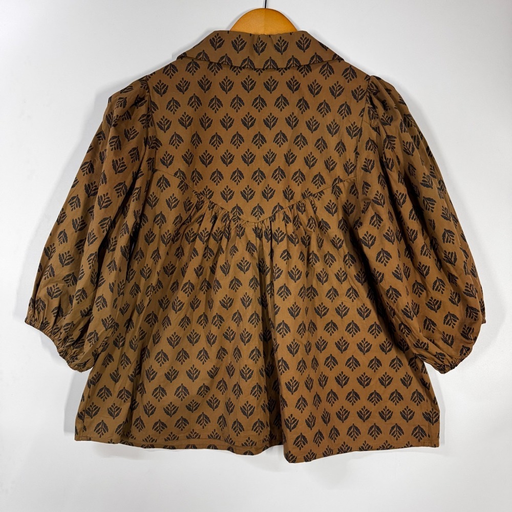 Gigio by Umgee Brown Medium Printed VNeck Blouse Balloon Sleeve Neutral Festival - Picture 3 of 10